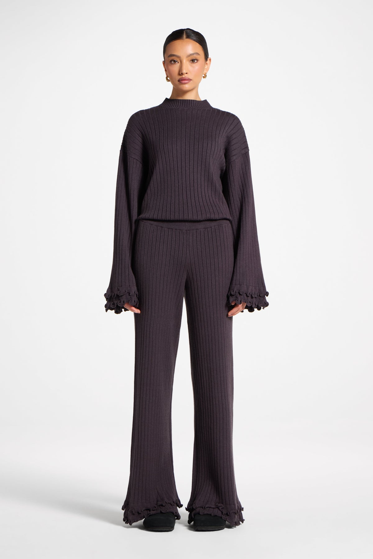 Ruffle Hem Knit Pants - Peppercorn