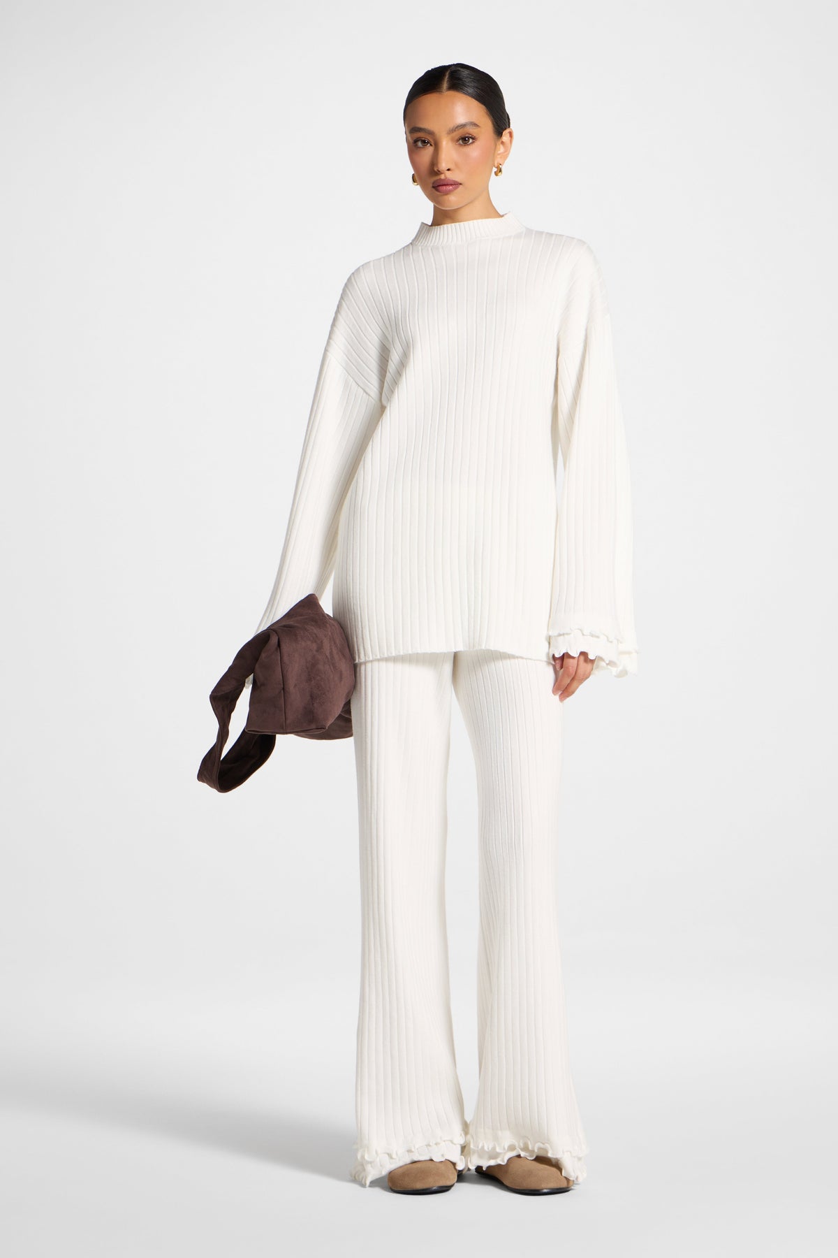 Ruffle Hem Knit Pants - White
