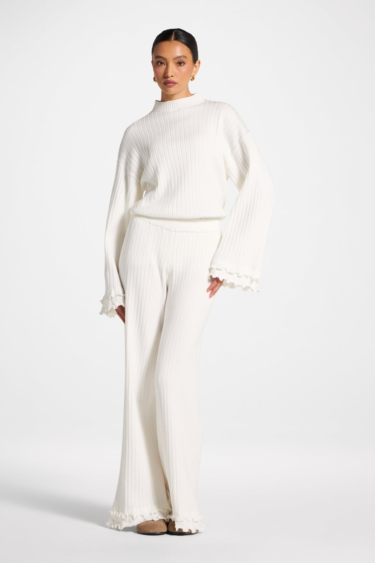 Ruffle Hem Knit Pants - White