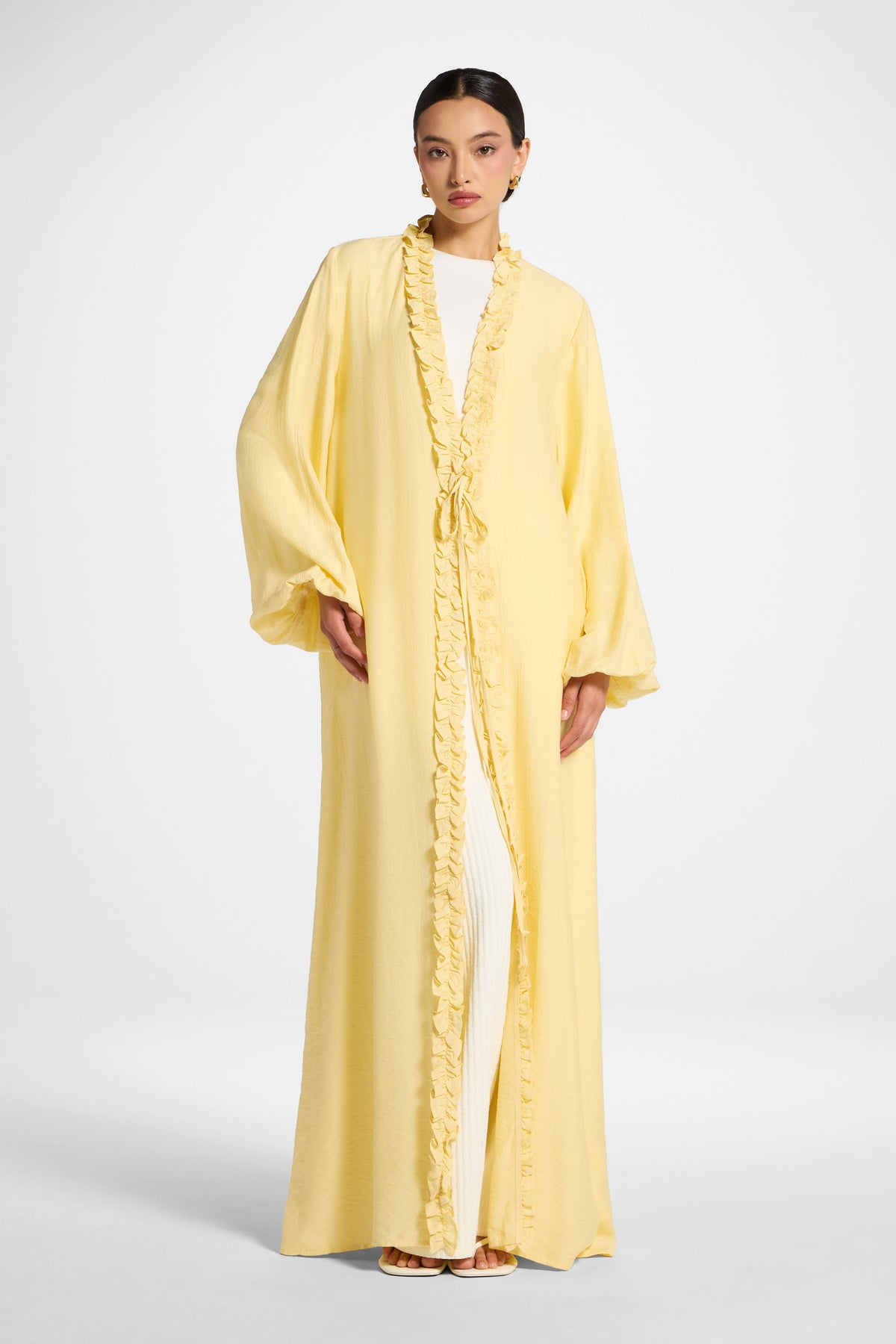 Ruffle Tie Front Abaya - Banana