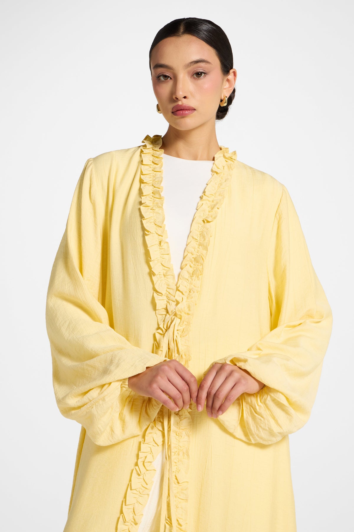 Ruffle Tie Front Abaya - Banana