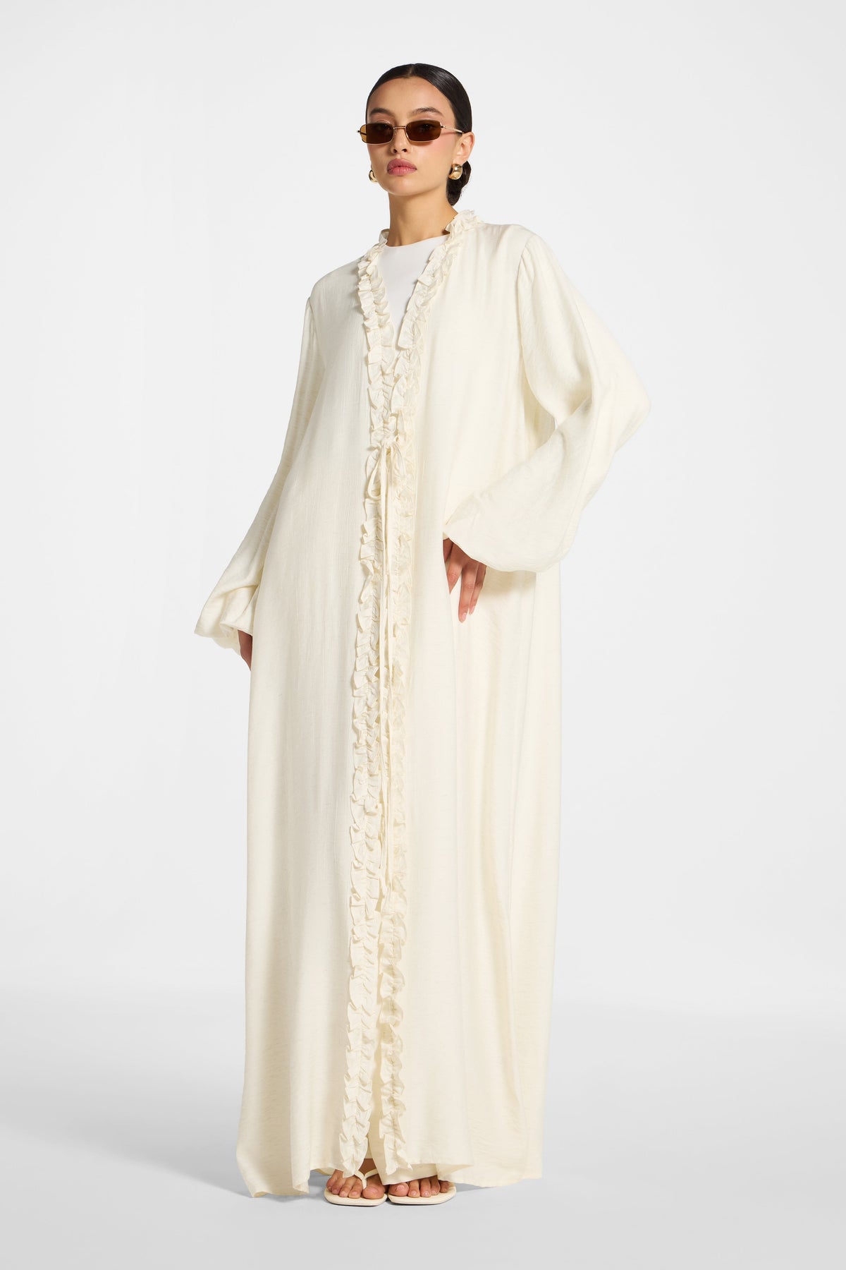 Ruffle Tie Front Abaya - Ivory