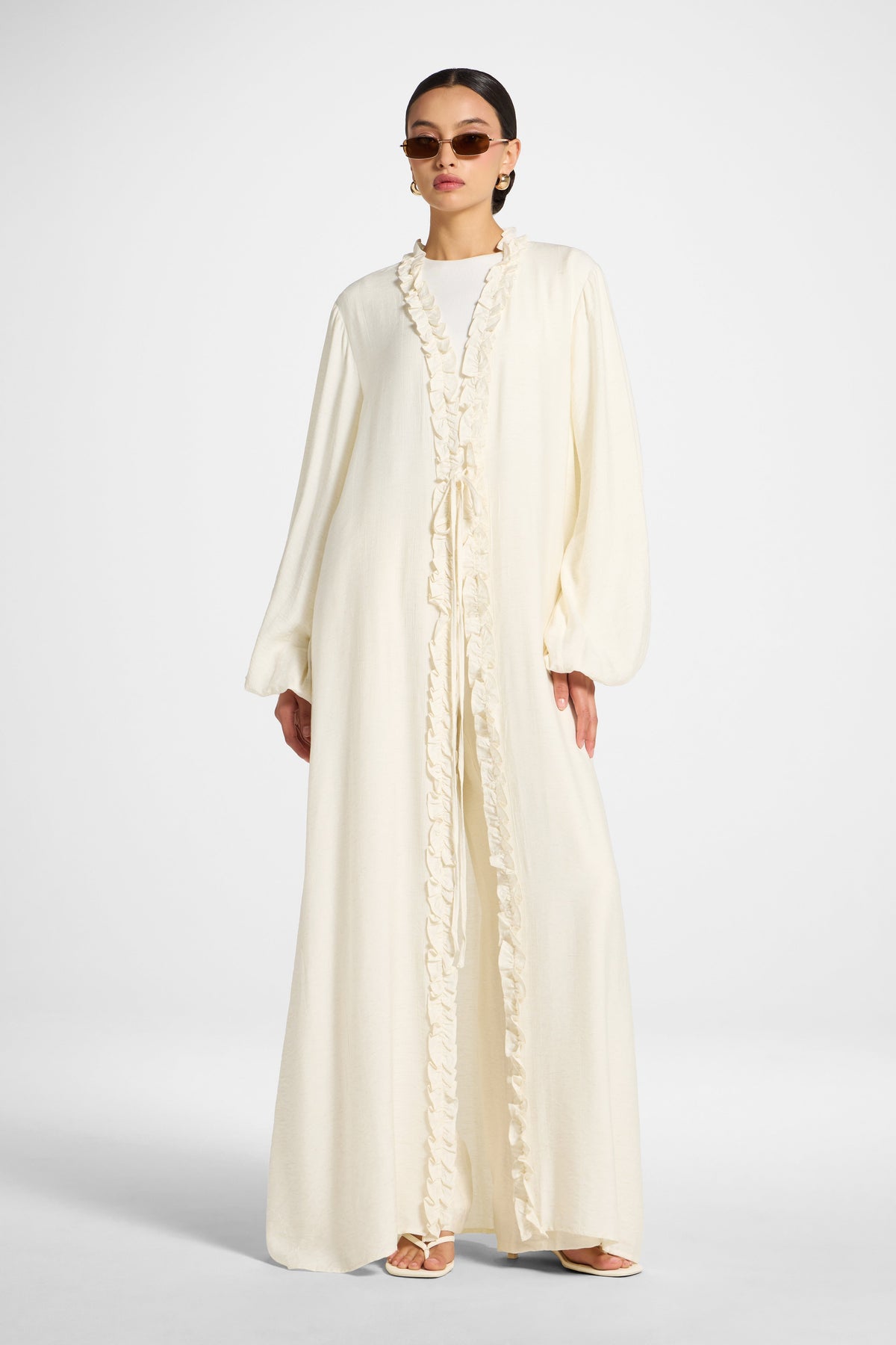Ruffle Tie Front Abaya - Ivory