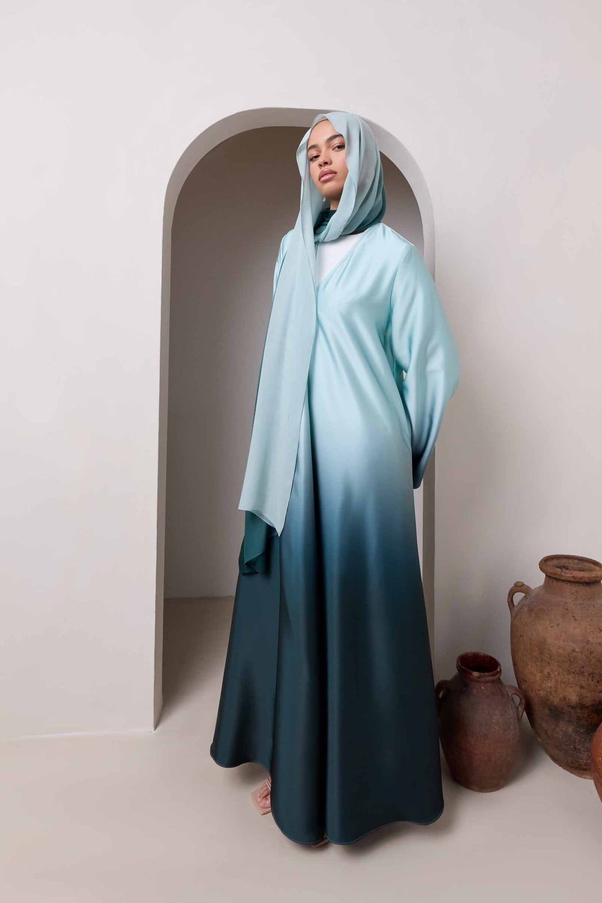 Satin Ombre Open Abaya - Night Pine