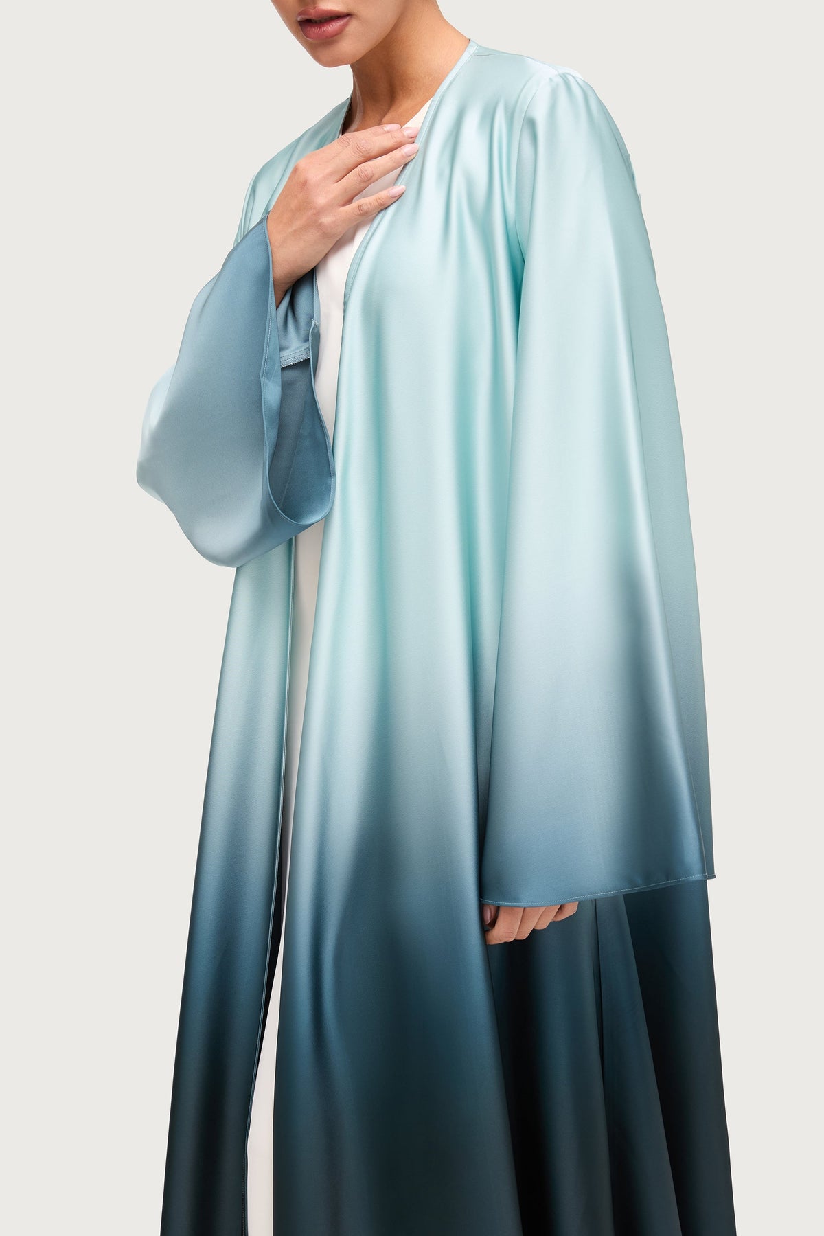 Satin Ombre Open Abaya - Night Pine