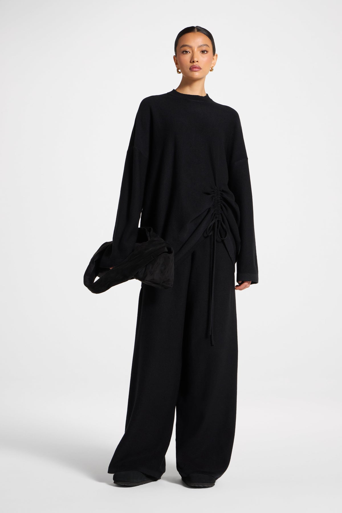Side Rouched Knit Top & Pants Set - Black