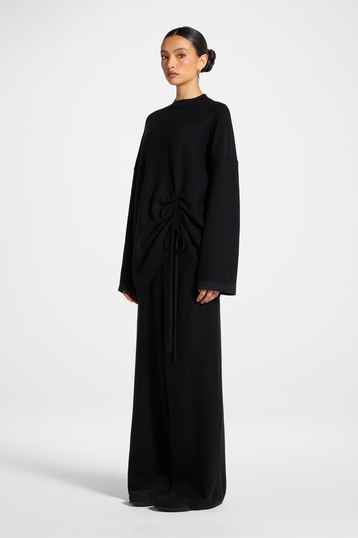 Side Rouched Knit Top & Pants Set - Black