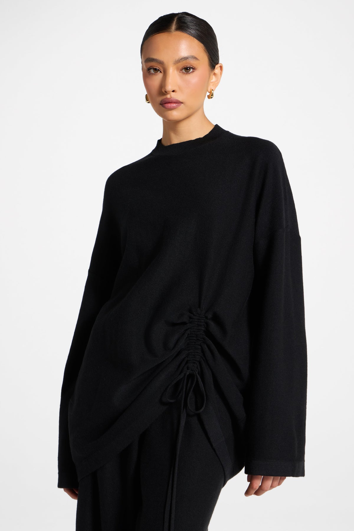 Side Rouched Knit Top & Pants Set - Black