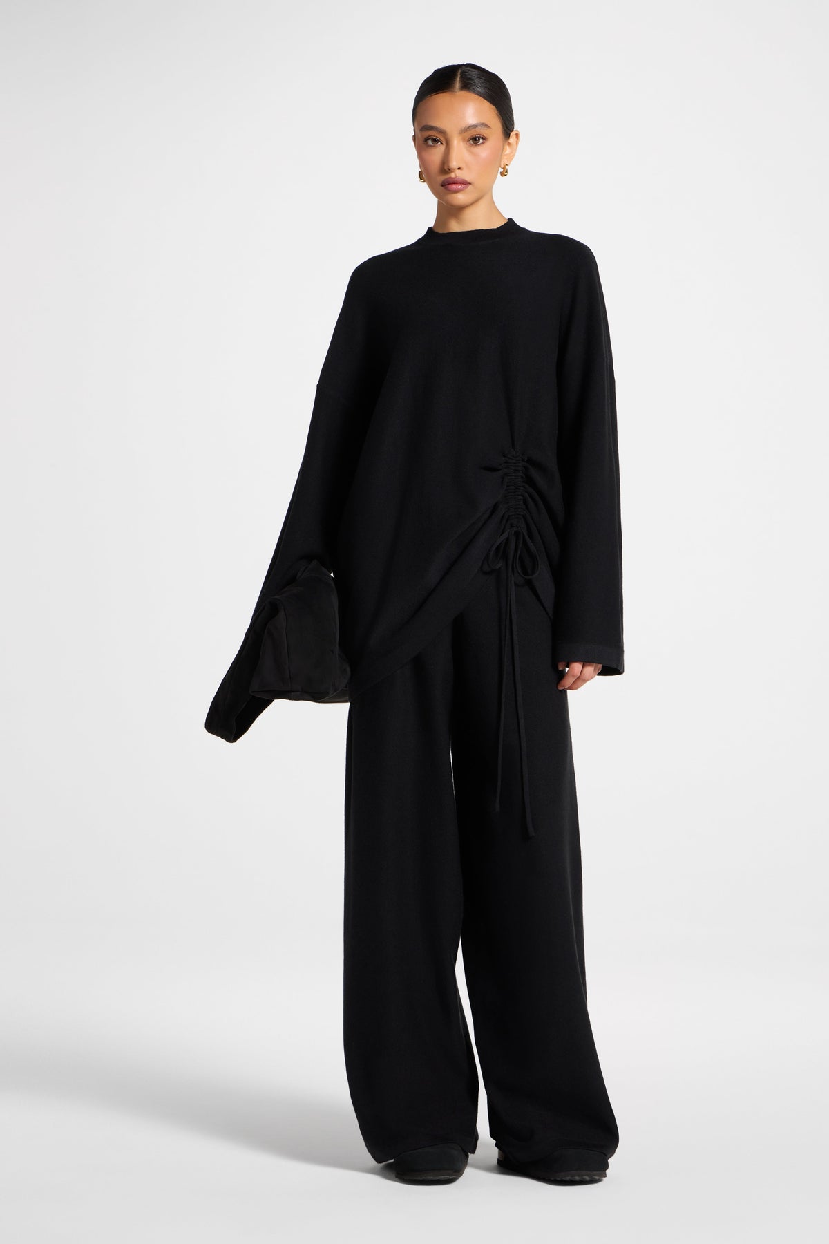 Side Rouched Knit Top & Pants Set - Black