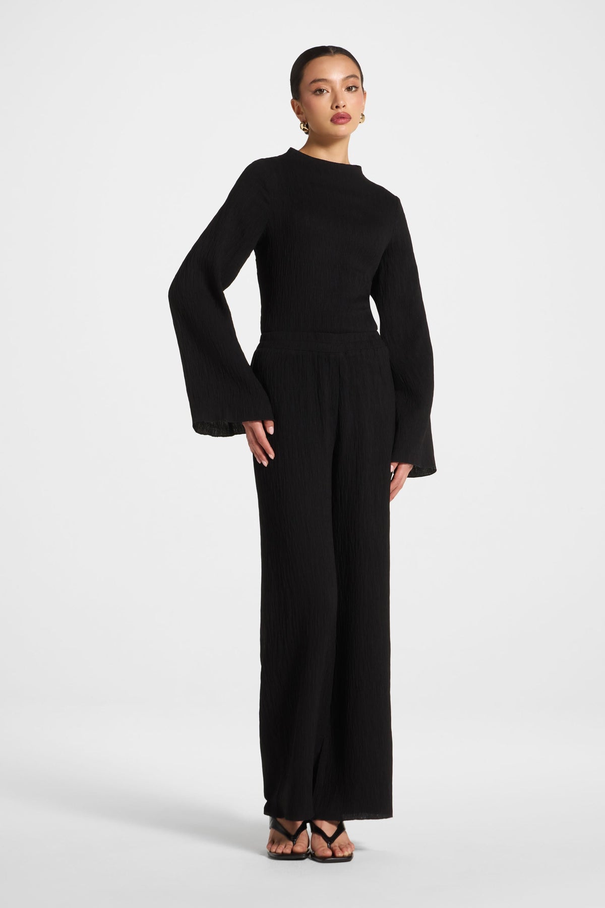 Textured Wide Leg Pants - Black