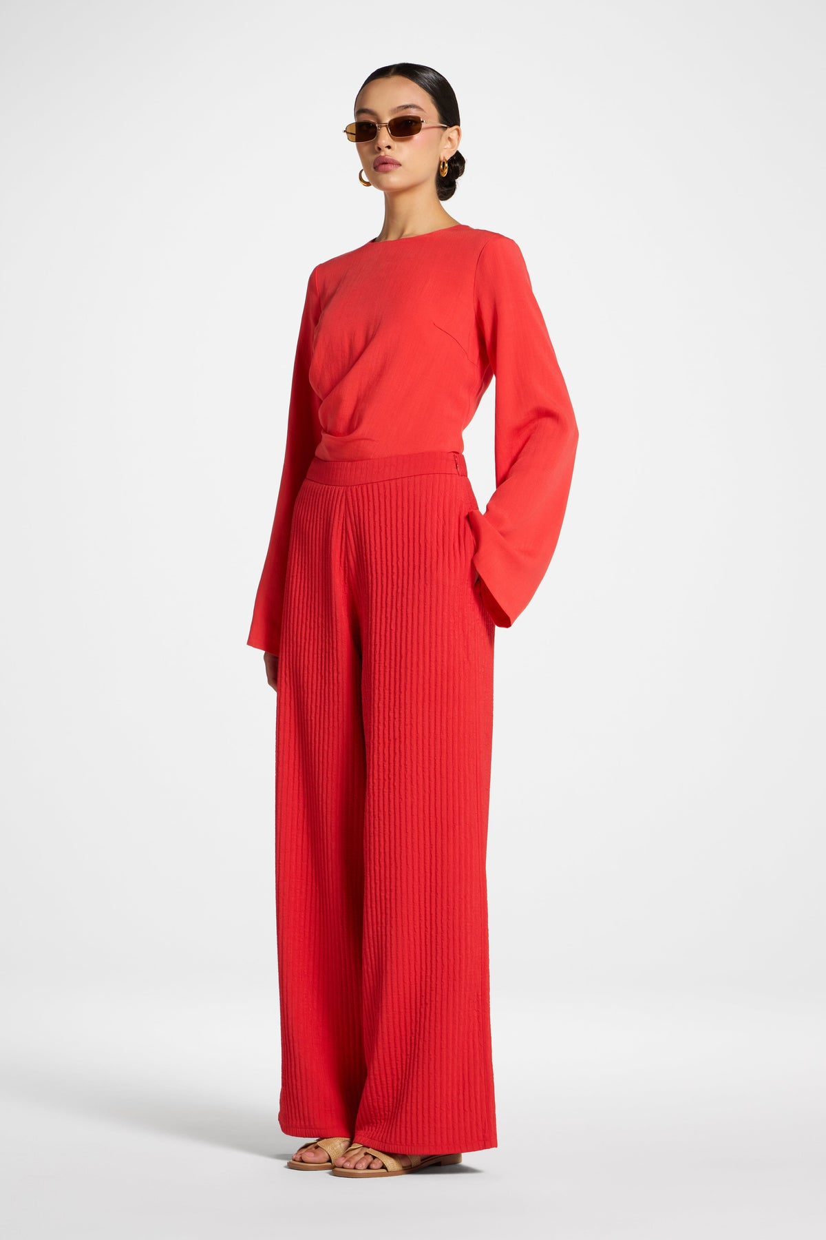 Textured Wide Leg Pants - Strawberry