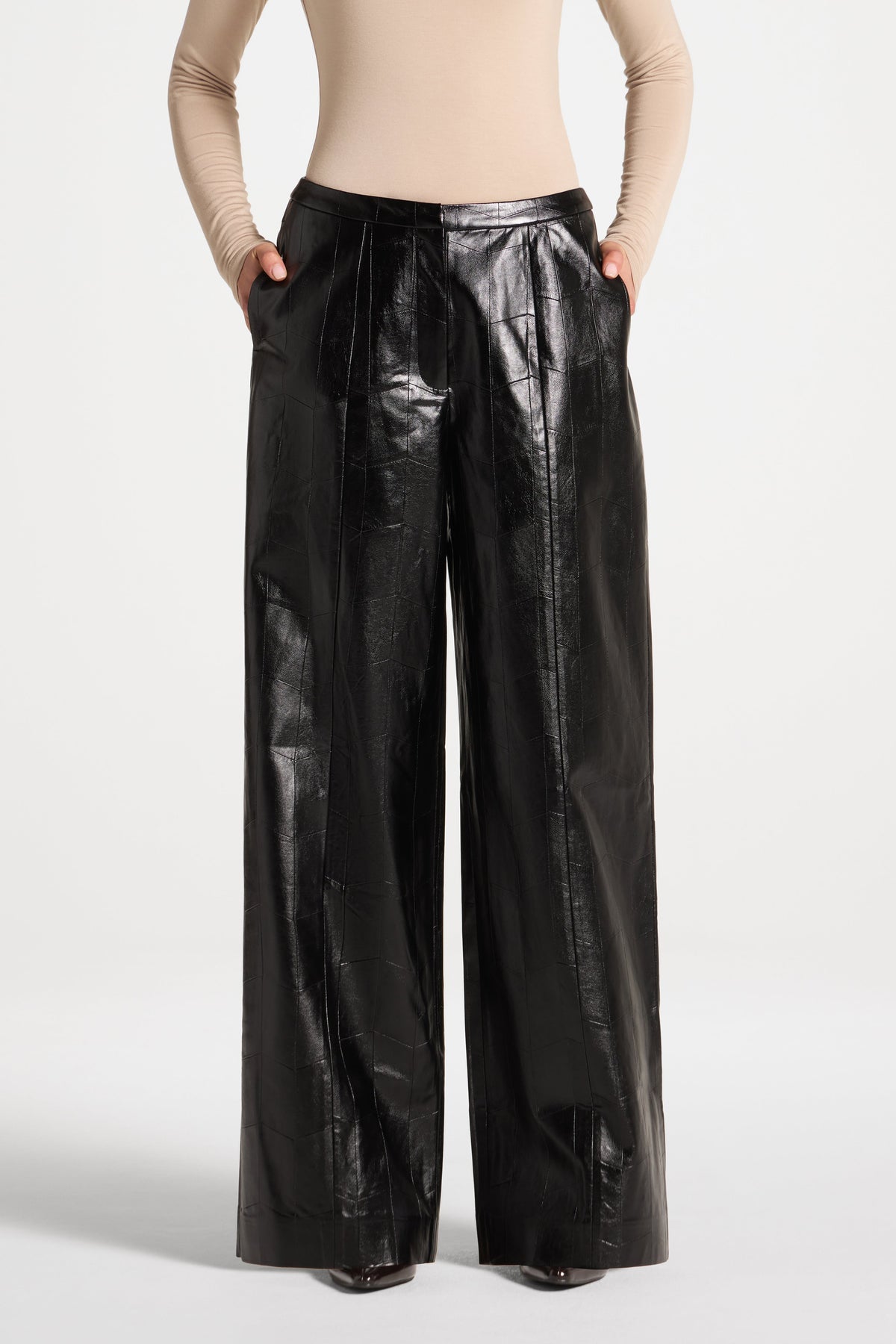 Wide Leg Leather Pants - Black