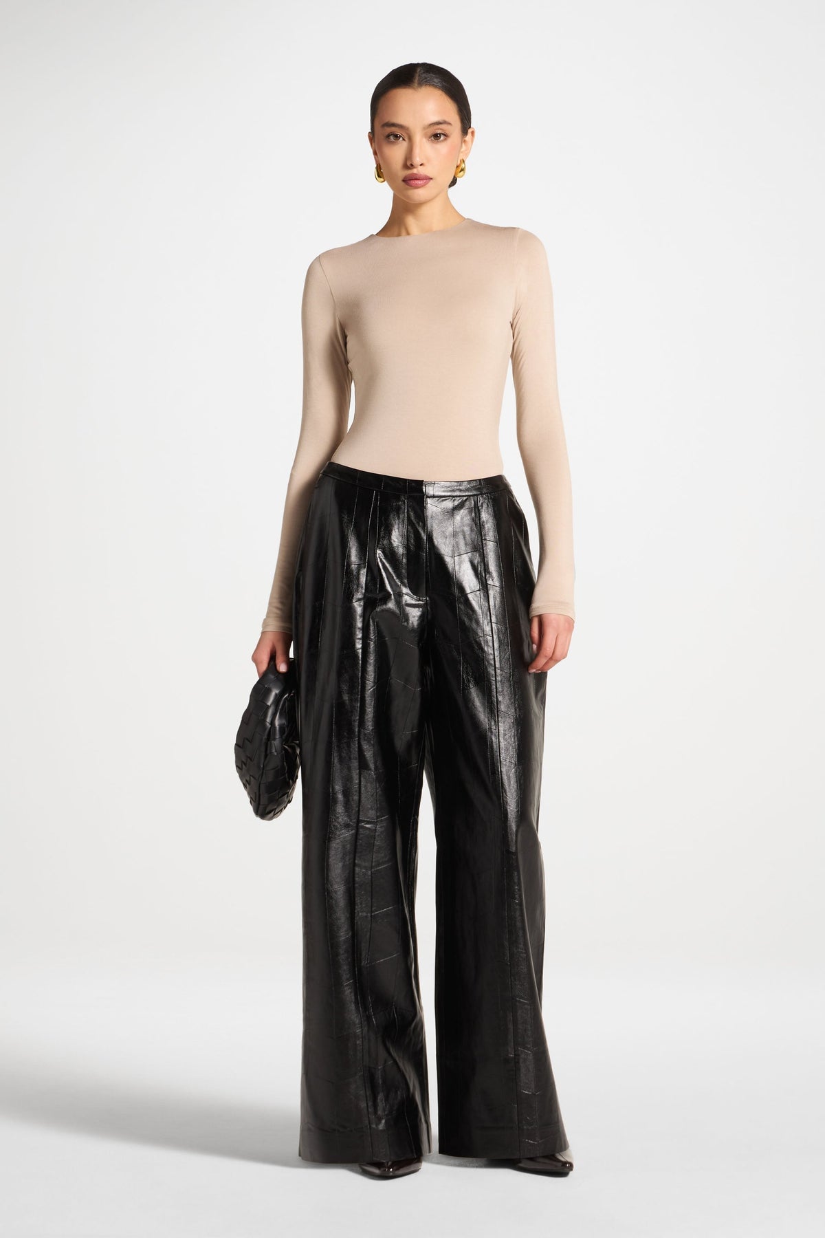 Wide Leg Leather Pants - Black