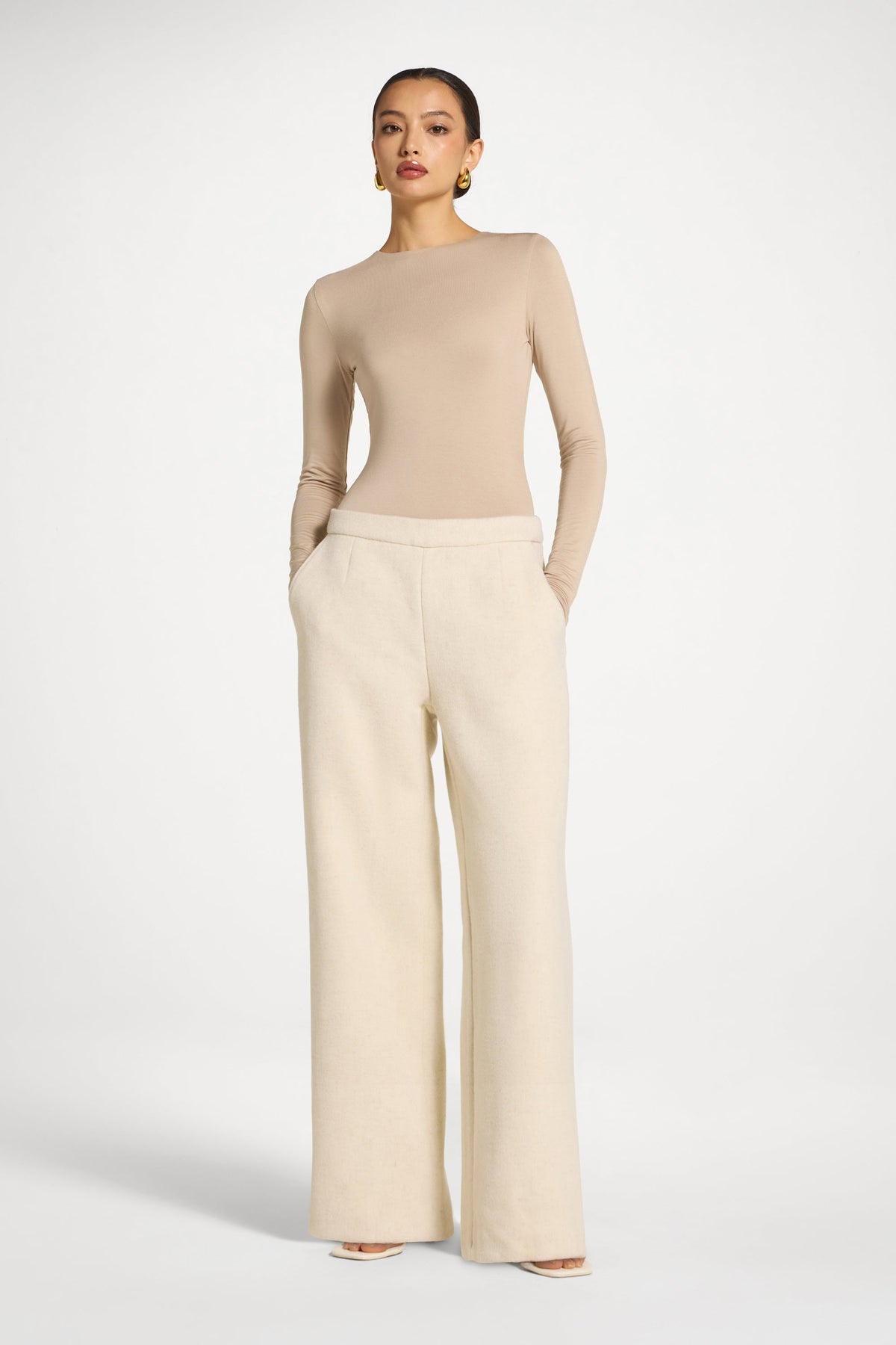 Wool Wide Leg Pants - Beige